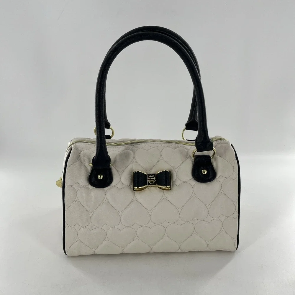 Betsey Johnson Quilted Heart Barrel Satchel Bag Ivory Black Purse Gold Floral